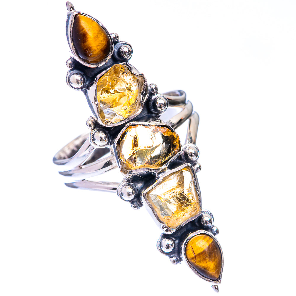 Large Raw Citrine, Tiger Eye Ring Size 9.25 (925 Sterling Silver) R140852