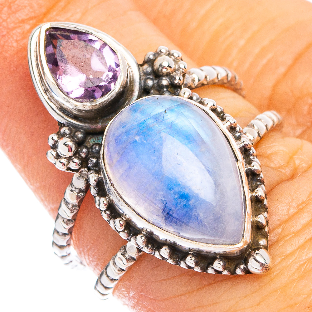 Rainbow Moonstone, Amethyst Ring Size 7 (.925 Sterling Silver)