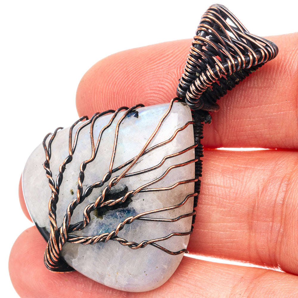 Rainbow Moonstone with Black Tourmaline Tree of Life Pendant 1 3/4" (Oxidized Copper)