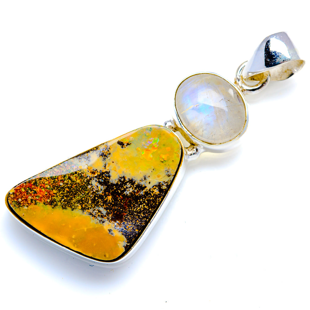 Boulder Opal, Rainbow Moonstone 925 Sterling Silver Pendant 1 3/4" (925 Sterling Silver) PD38340