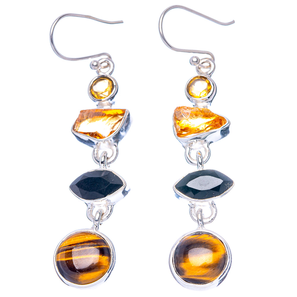 Tiger Eye, Black Onyx, Citrine Earrings 2 1/4" (925 Sterling Silver) E1589