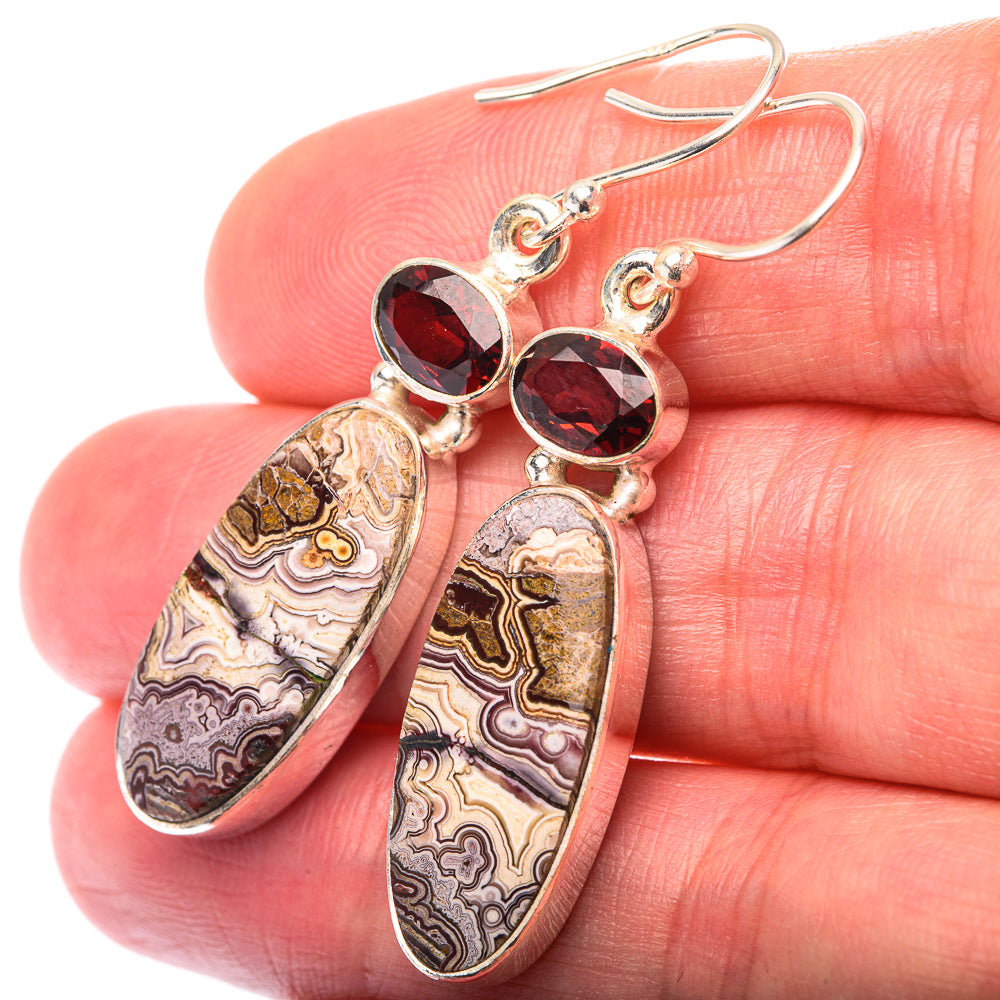 Crazy Lace Agate, Garnet Earrings 1 3/4" (925 Sterling Silver) EARR432191