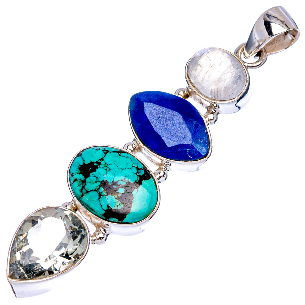 Premium Tibetan Turquoise, Rainbow Moonstone, Lapis Lazuli, Green Amethyst Pendant 2 1/4" (.925 Sterling Silver)