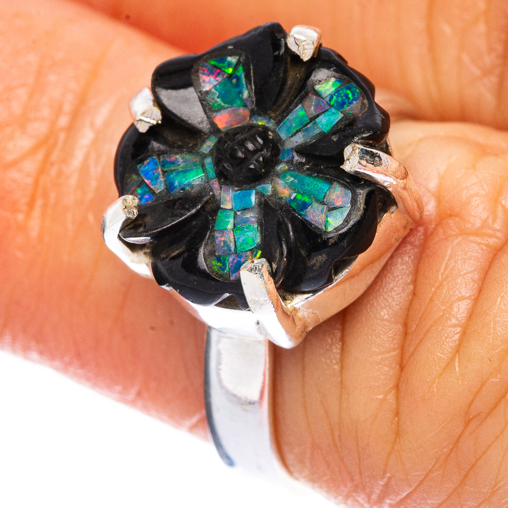 Rare Opal Black Onyx Flower Ring Size 6 (925 Sterling Silver) R2411
