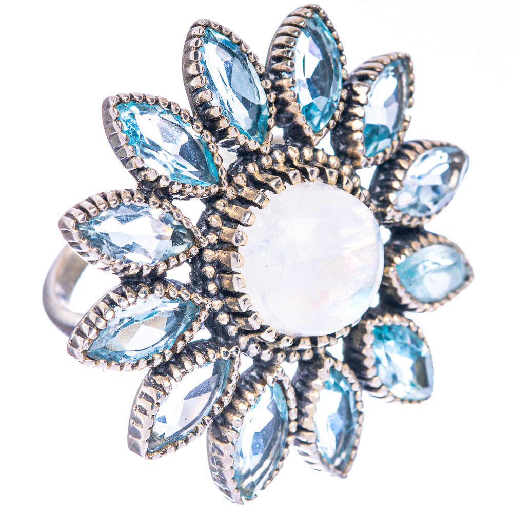 Large Rainbow Moonstone, Blue Topaz Ring Size 7.75 (925 Sterling Silver) R1059