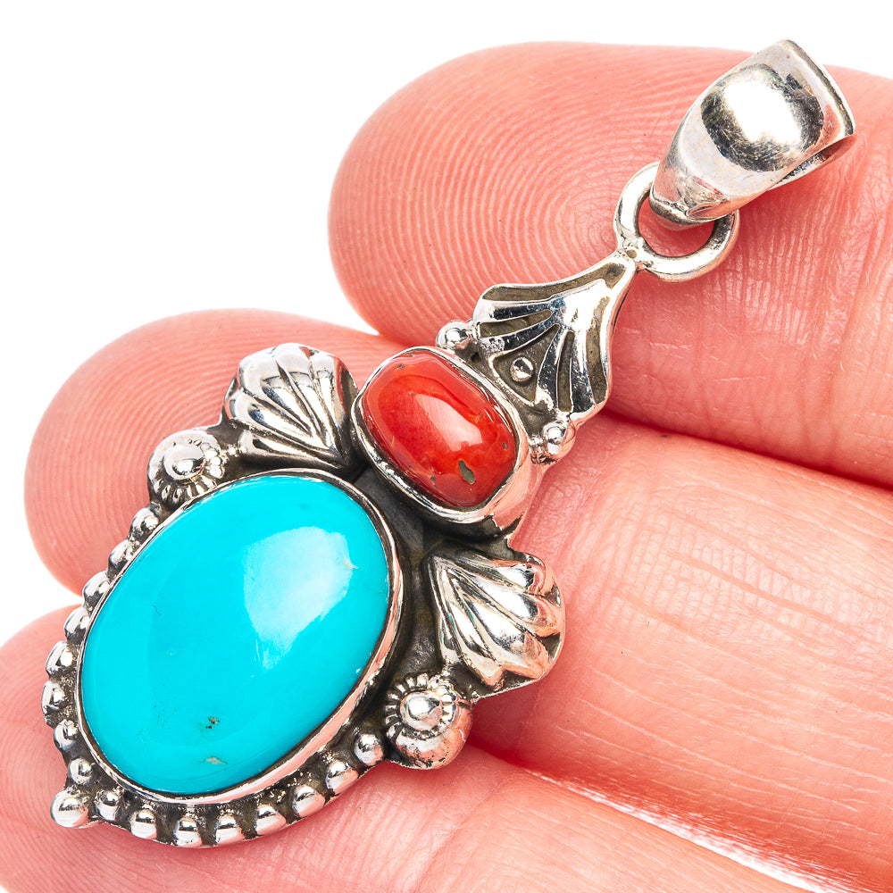 Tibetan Turquoise, Red Coral Pendant 1 5/8" (925 Sterling Silver) P40185