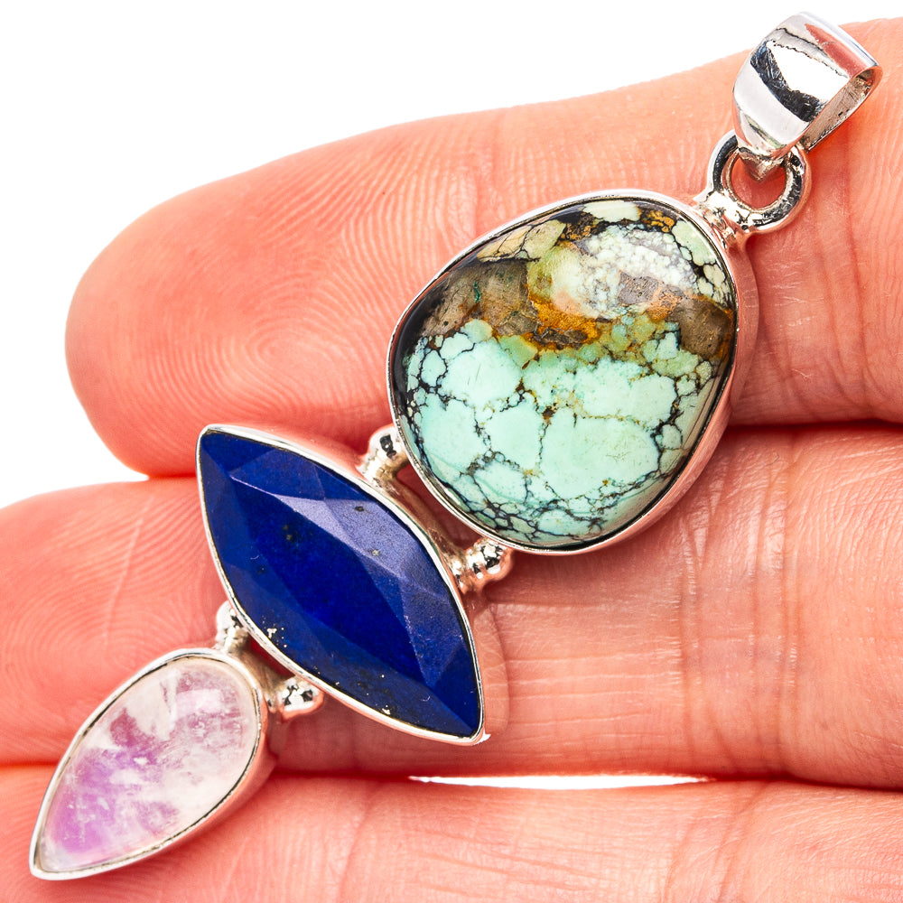 Premium Tibetan Turquoise, Lapis Lazuli, Rainbow Moonstone Pendant 2 1/4" (.925 Sterling Silver)