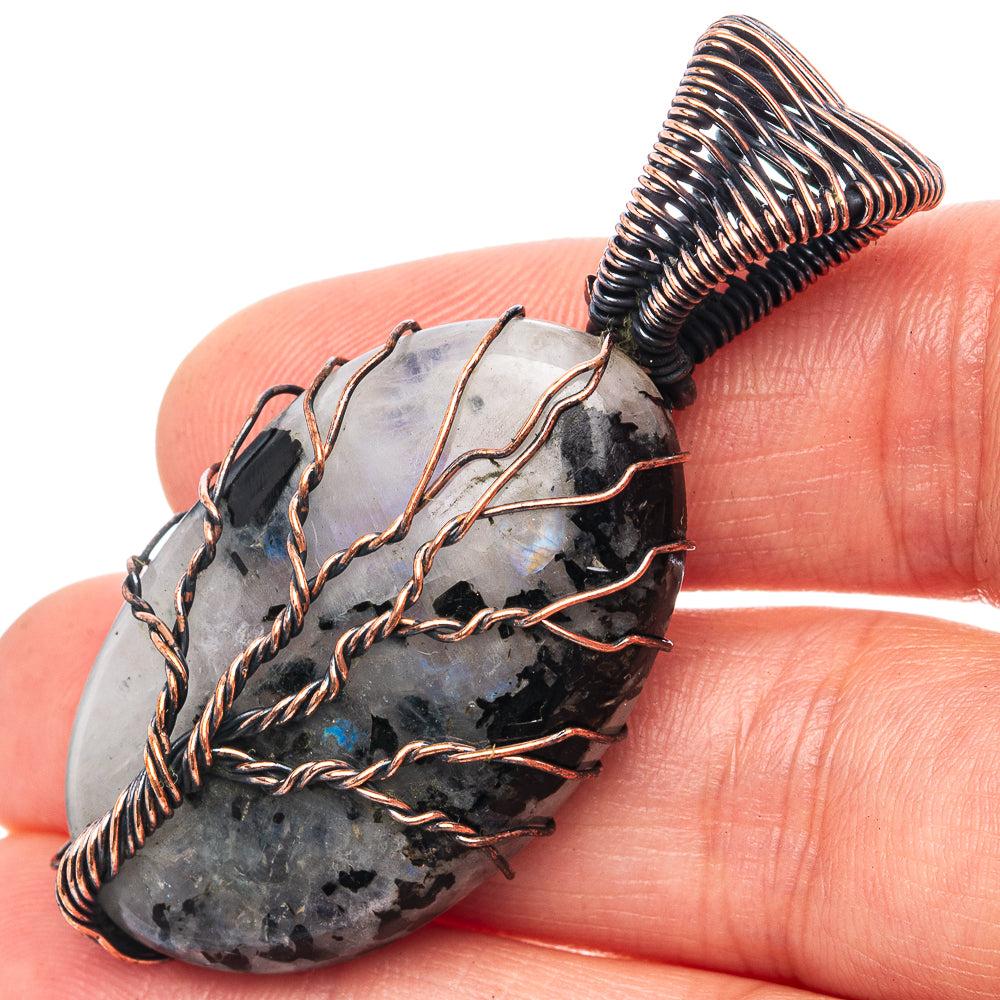 Rainbow Moonstone with Black Tourmaline Tree of Life Pendant 2 1/8" (Oxidized Copper)
