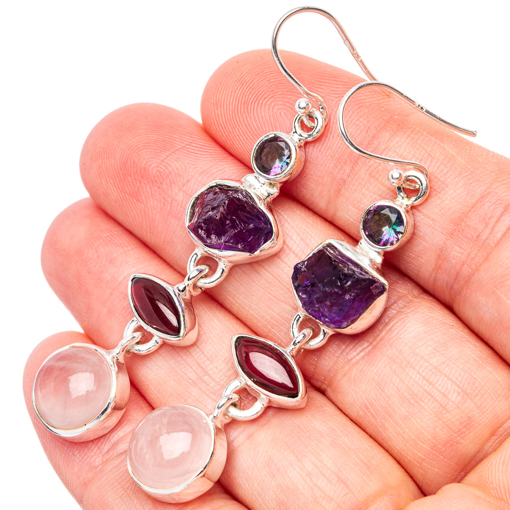 Premium Rose Quartz, Garnet, Amethyst, Mystic Topaz Earrings 2 1/4" (925 Sterling Silver) E1673