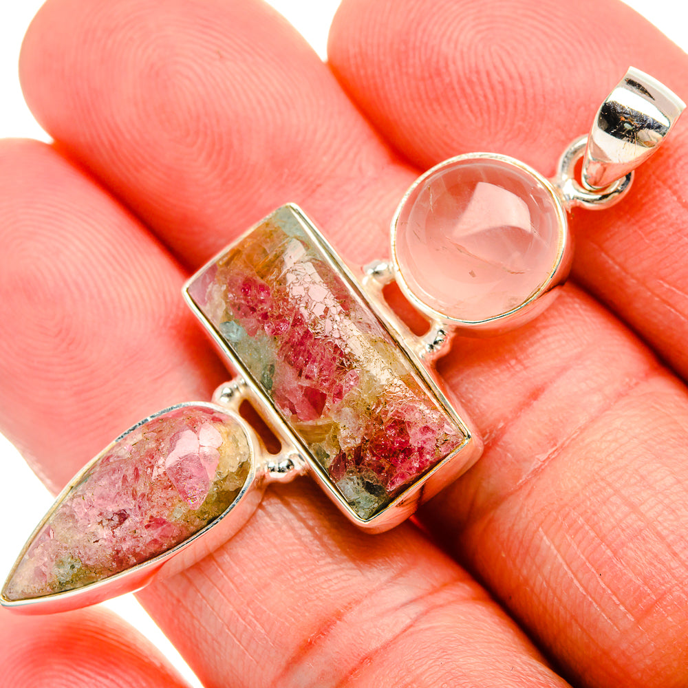 Natural Tourmaline, Rose Quartz 925 Sterling Silver Pendant 2 1/4" (925 Sterling Silver) PD38420