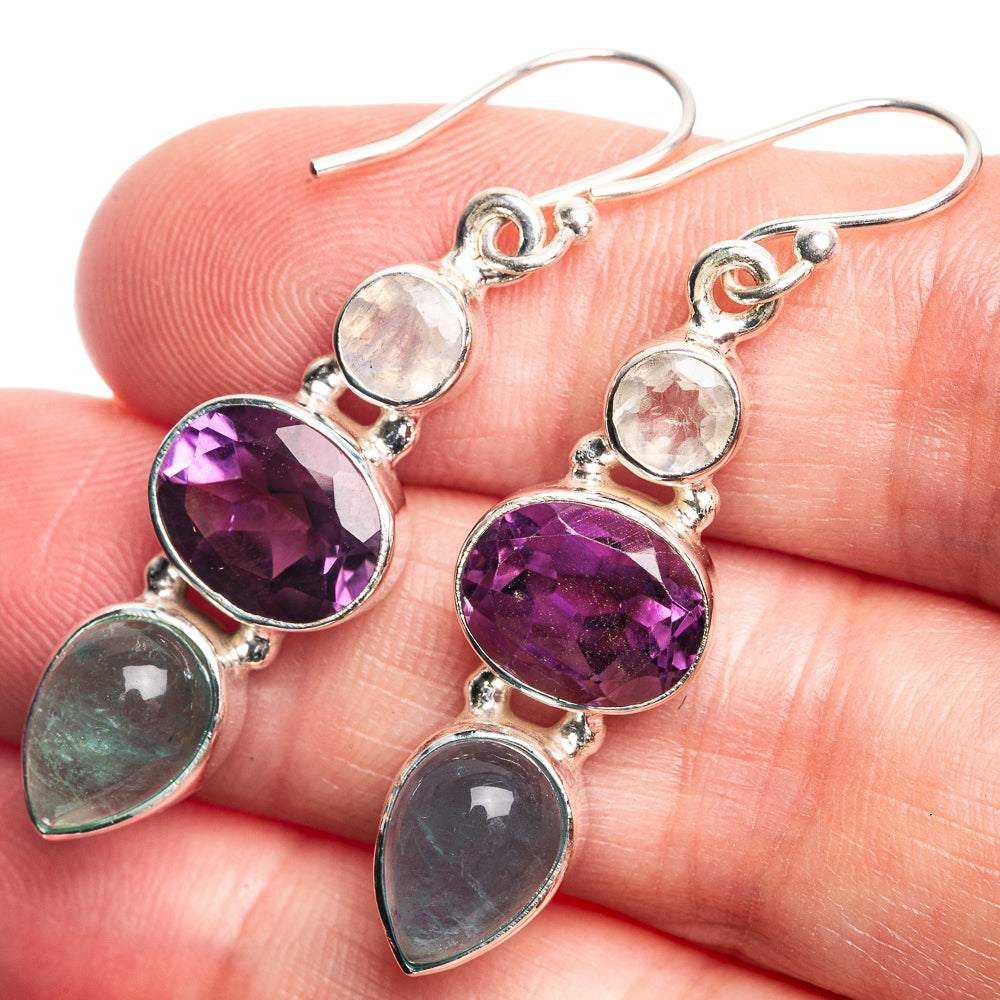Amethyst, Blue Fluorite, Rainbow Moonstone Earrings 1 3/4" (925 Sterling Silver) E432489