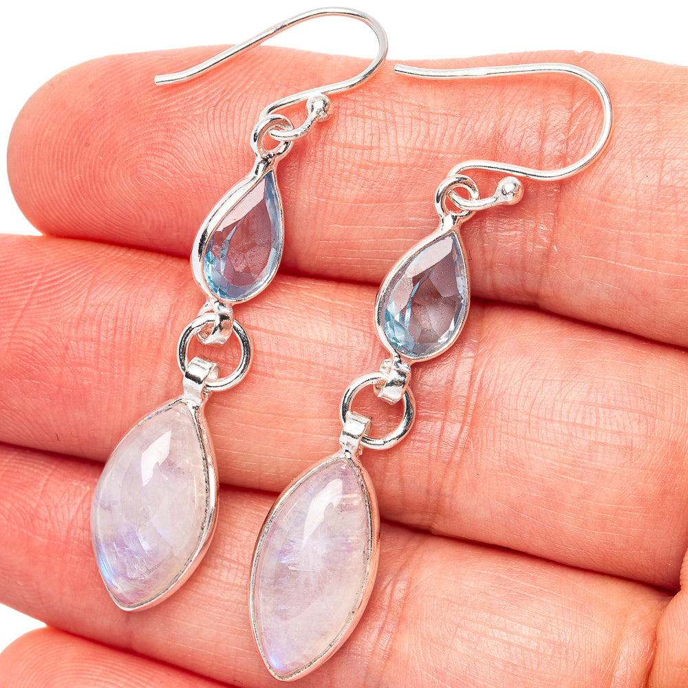 Rainbow Moonstone, Blue Topaz Earrings 2" (.925 Sterling Silver)