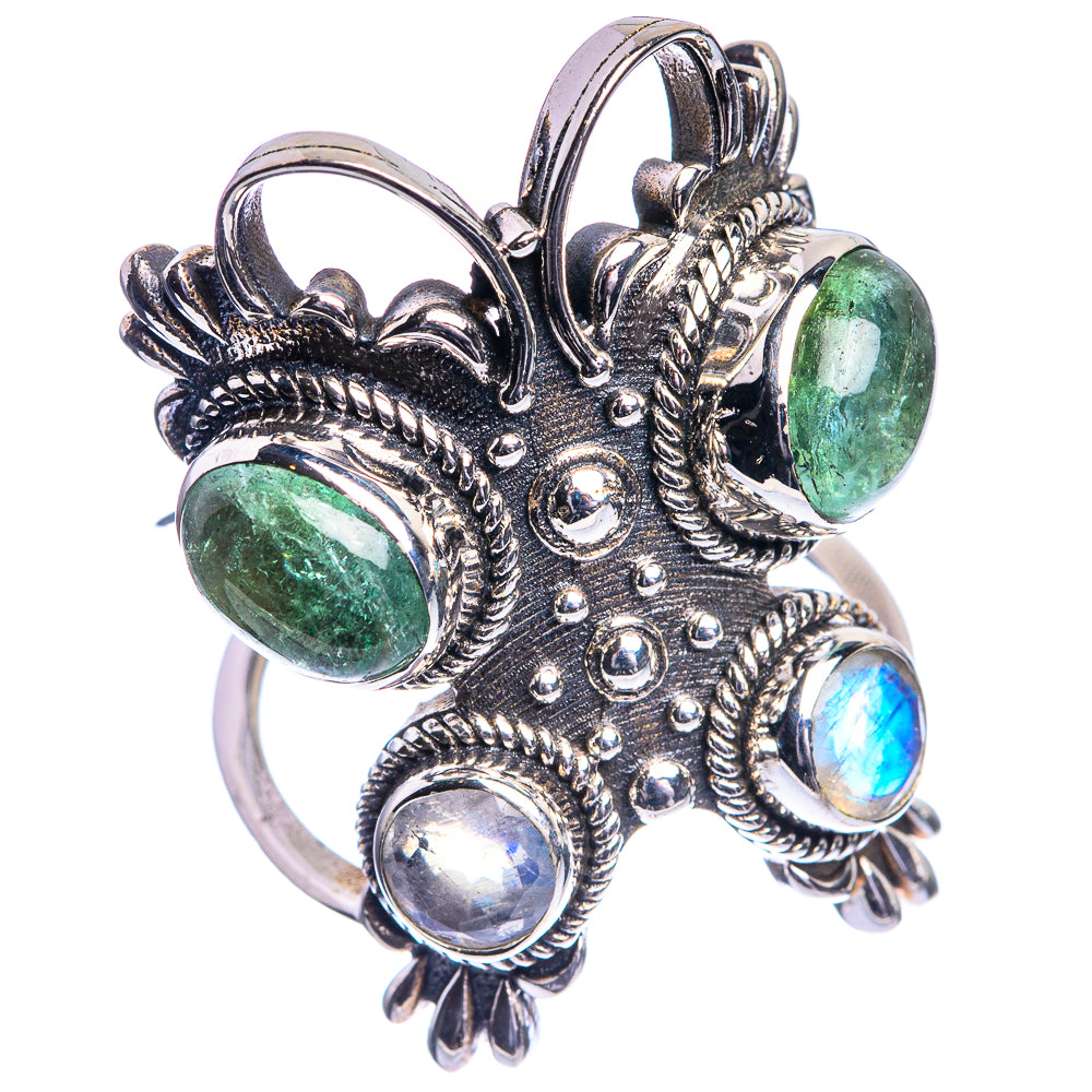 Large Green Tourmaline, Rainbow Moonstone Ring Size 6.5 (925 Sterling Silver) R144223