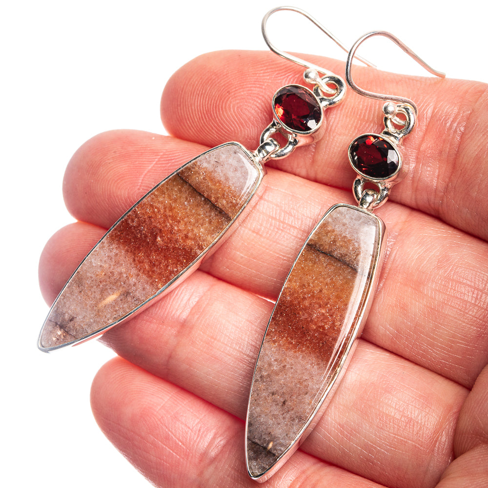 Sunstone, Garnet Earrings 2 3/8" (925 Sterling Silver) E433009