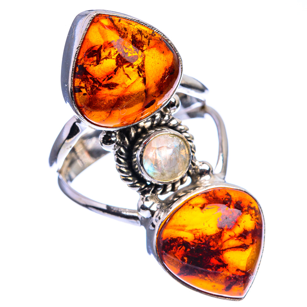 Large Baltic Amber, Rainbow Moonstone Ring Size 6.75 (925 Sterling Silver) R142503