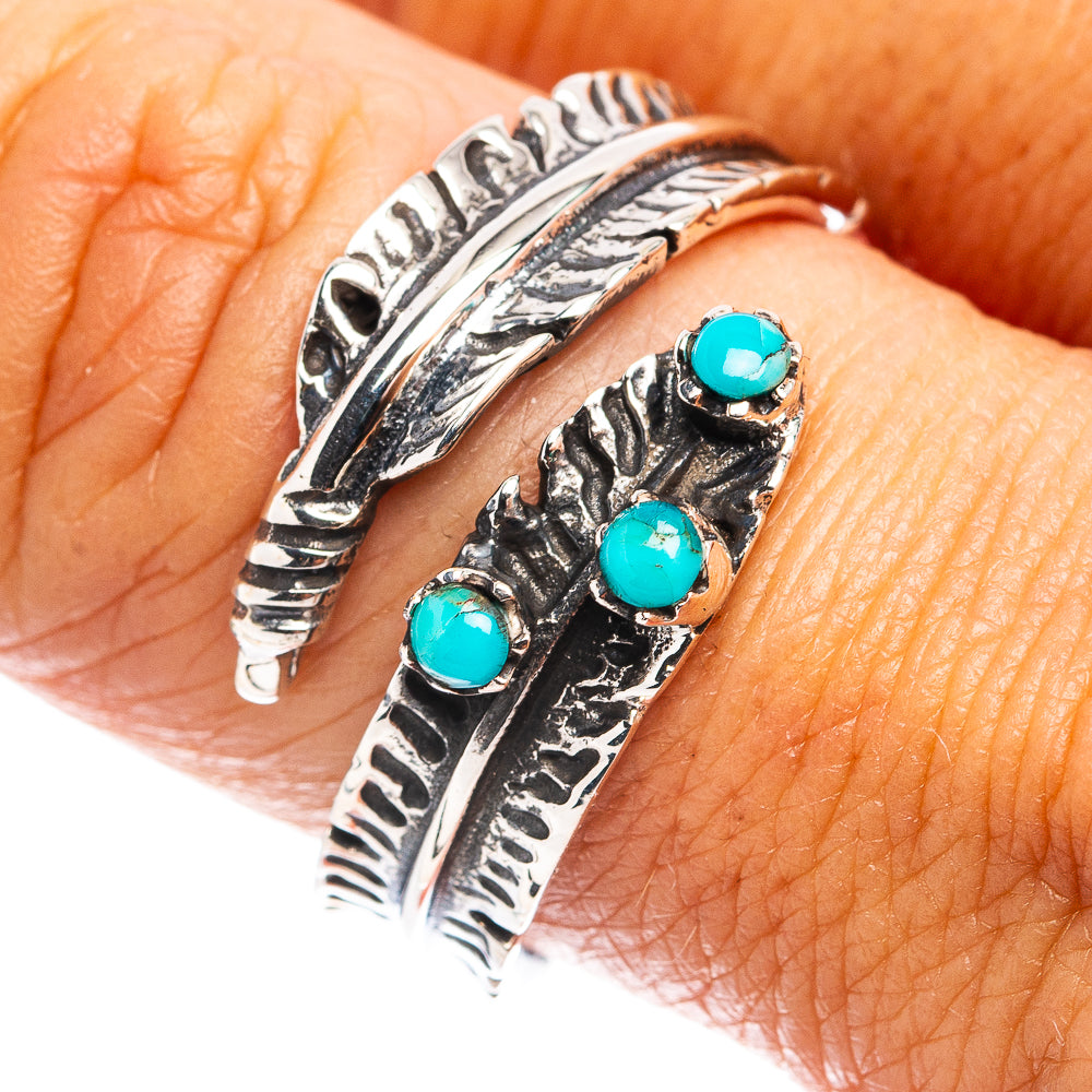 Native Style Mohave Turquoise Feather Ring Size 8 Adjustable (.925 Sterling Silver)