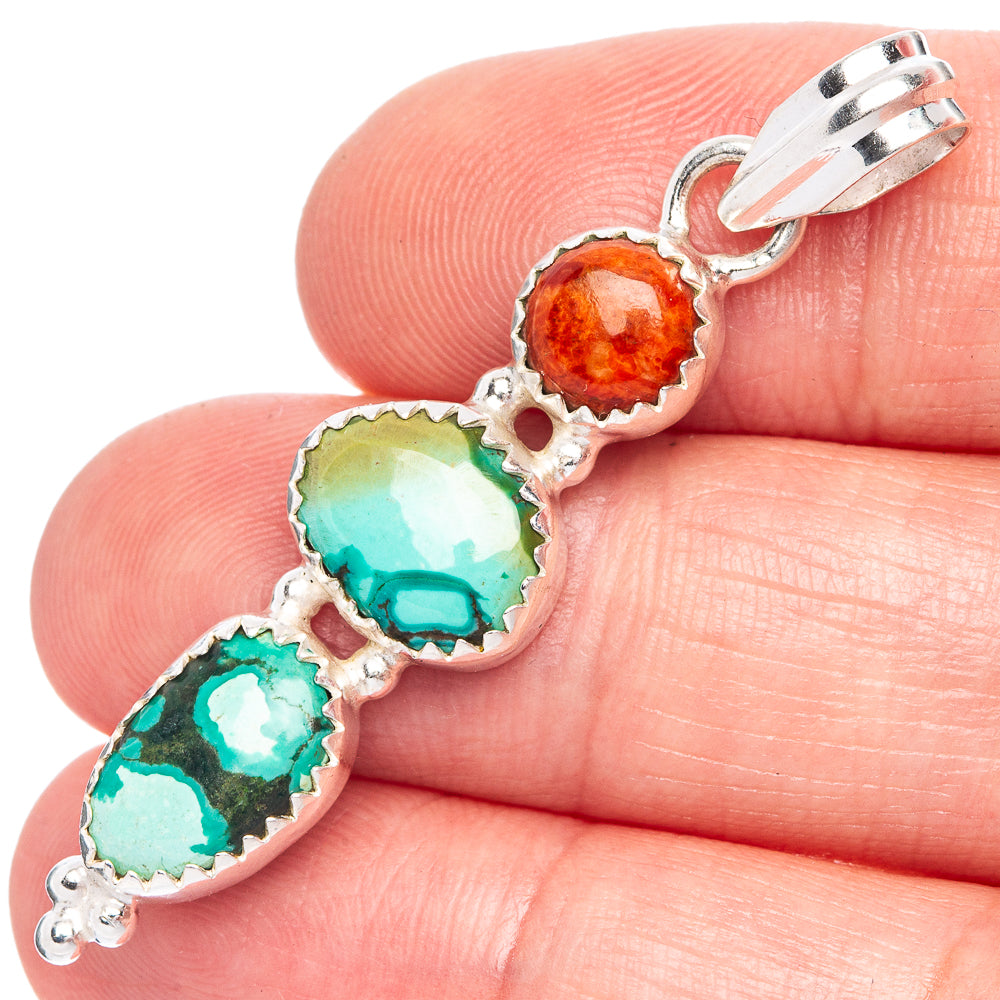 Tibetan Turquoise, Sponge Coral Pendant 1 7/8" (925 Sterling Silver) P40229