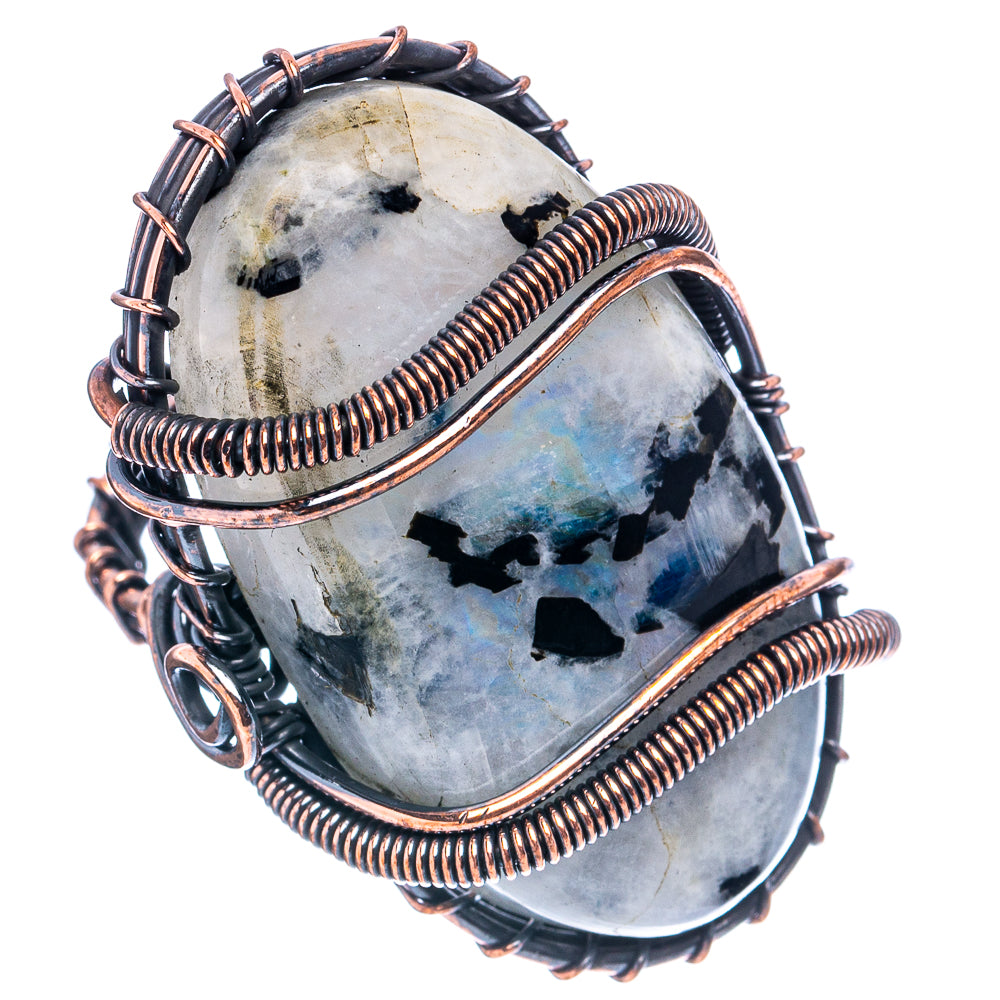 Rainbow Moonstone In Black Tourmaline Wire Wrap Ring Size 6.5 (Oxidized Copper)