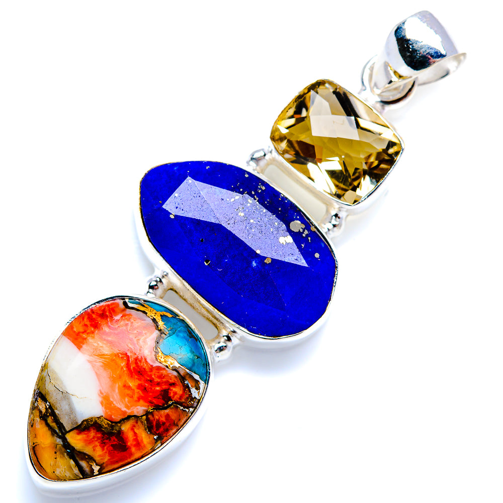 Spiny Oyster Turquoise, Lapis Lazuli, Smoky Quartz 925 Sterling Silver Pendant 2 1/8" (925 Sterling Silver) PD38280