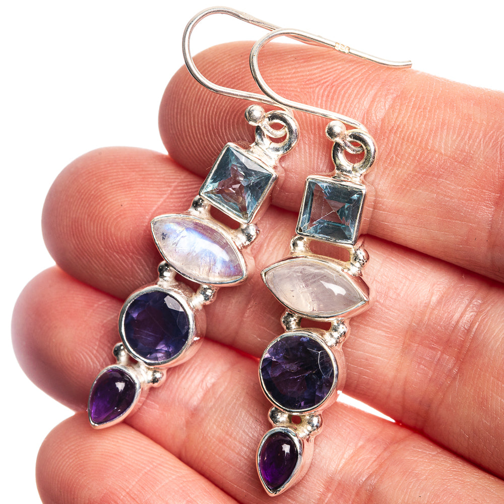 Rainbow Moonstone, Blue Topaz, Tanzanite, Amethyst 925 Sterling Silver Earrings 1 7/8"