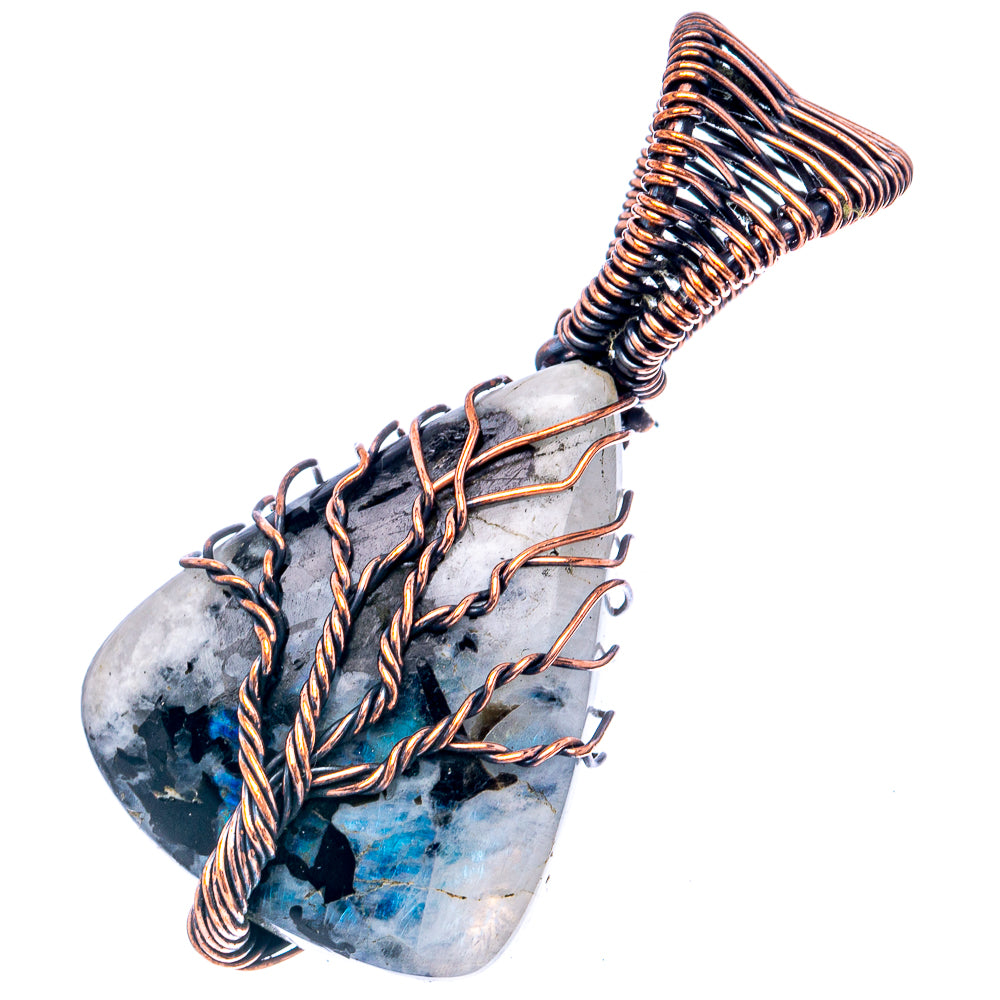 Rainbow Moonstone with Black Tourmaline Tree of Life Pendant 1 3/4" (Oxidized Copper)