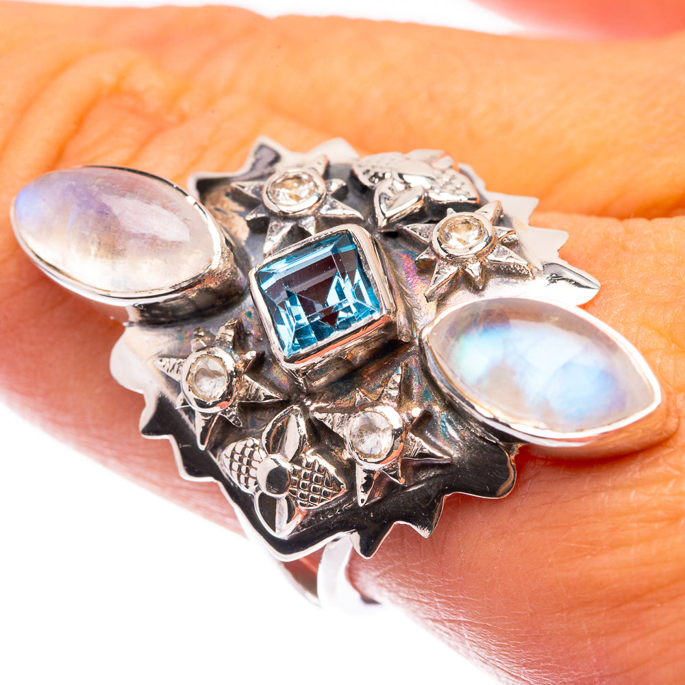 Signature Rainbow Moonstone, Blue Topaz Ring Size 9 (925 Sterling Silver) R141689