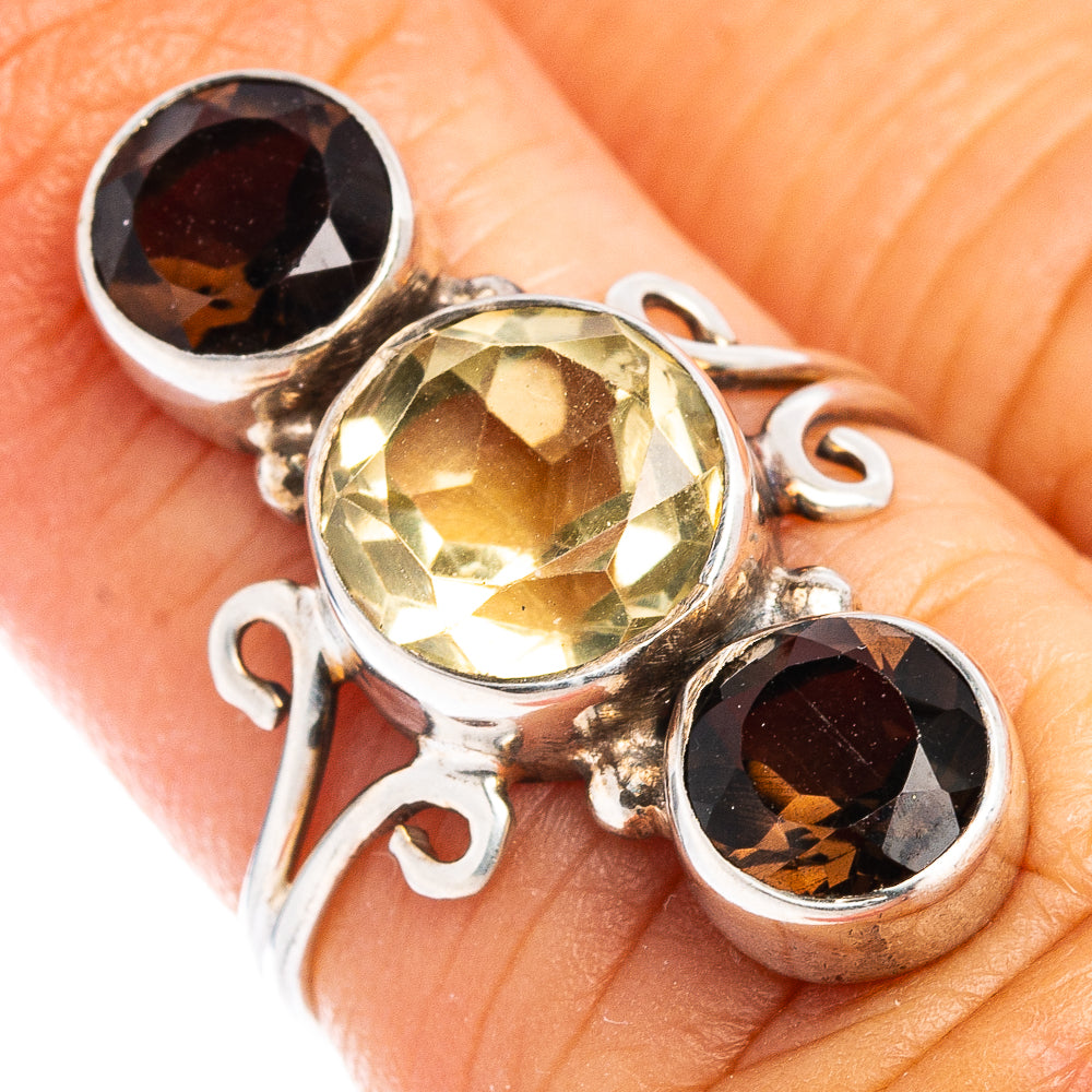 (Classic Series) Lemon Quartz, Smoky Quartz Ring Size 4.25 (.925 Sterling Silver)