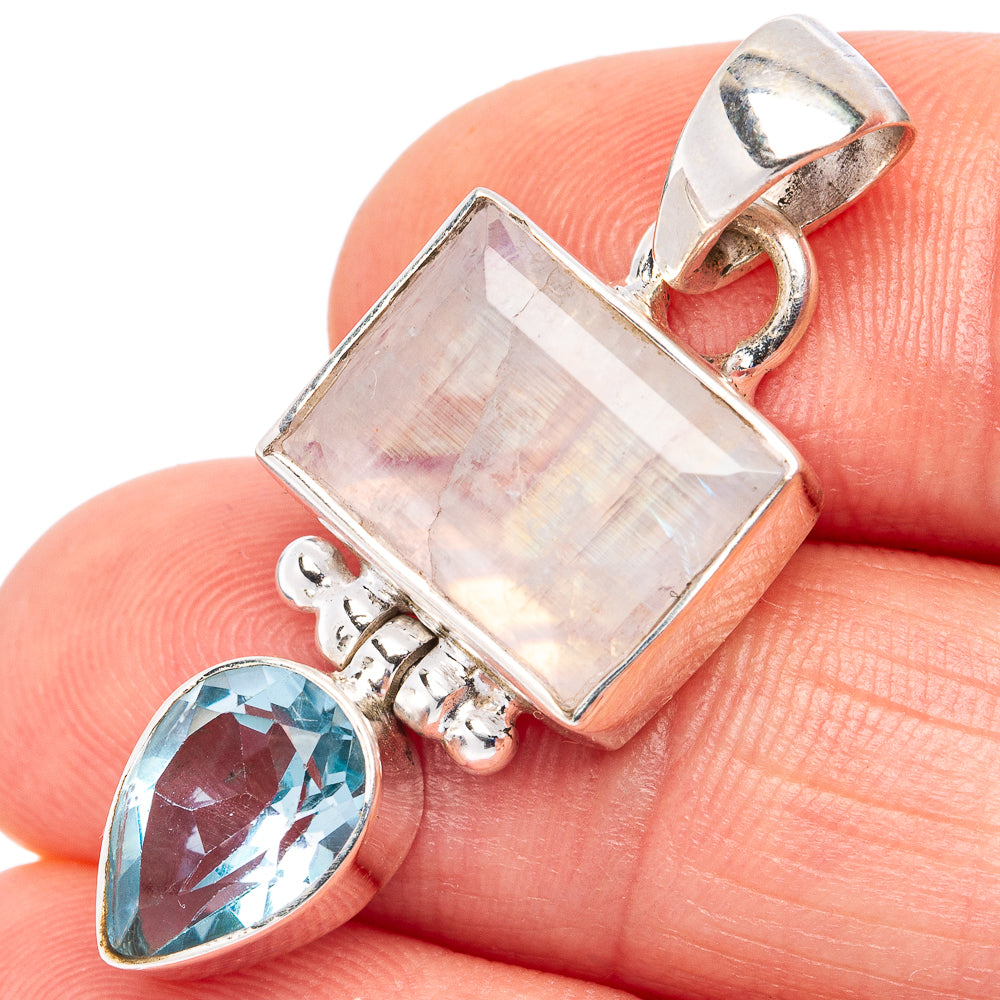 Faceted Rainbow Moonstone , Blue Topaz Pendant 1 3/8" (.925 Sterling Silver)