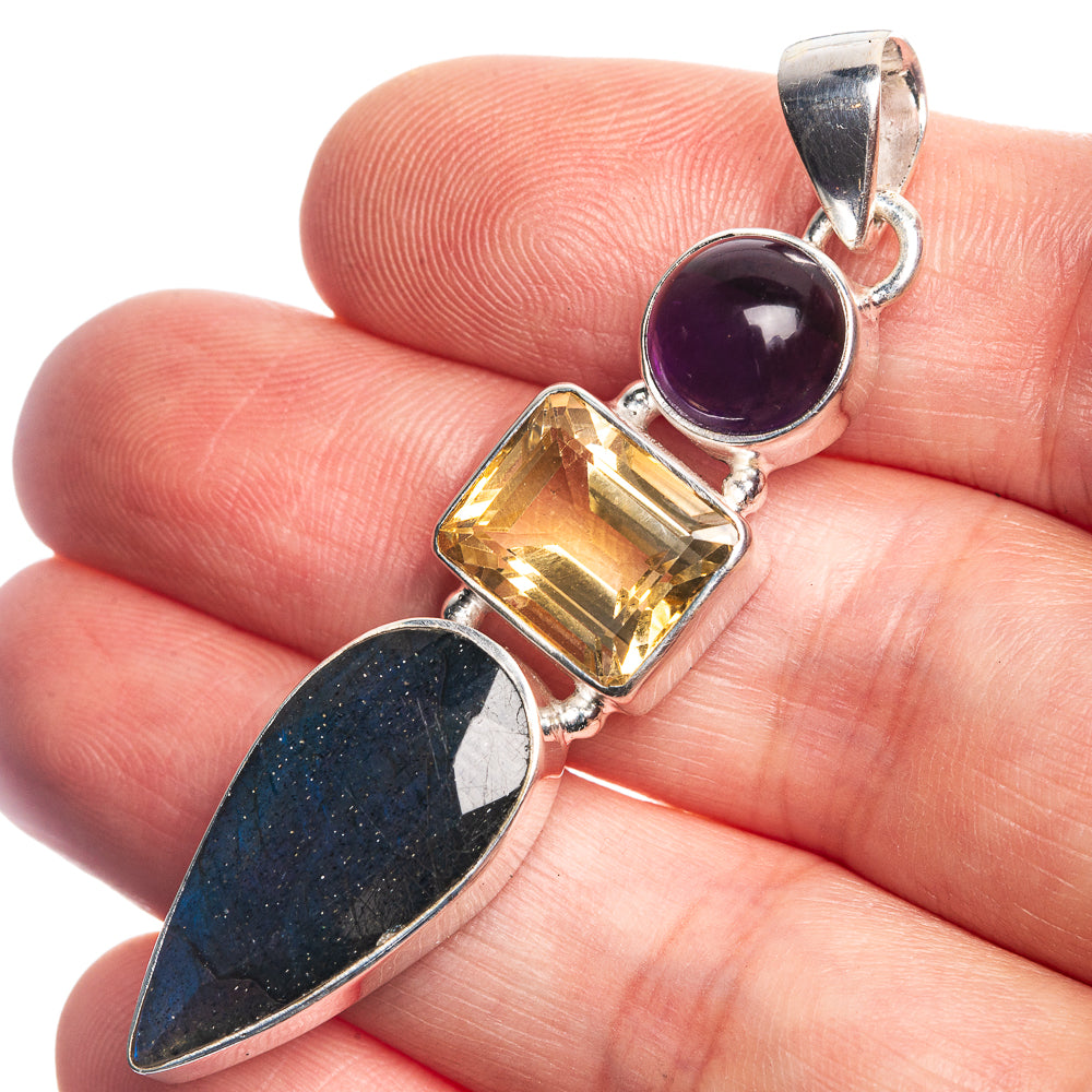 Labradorite, Citrine, Amethyst 925 Sterling Silver Pendant 2 1/8"