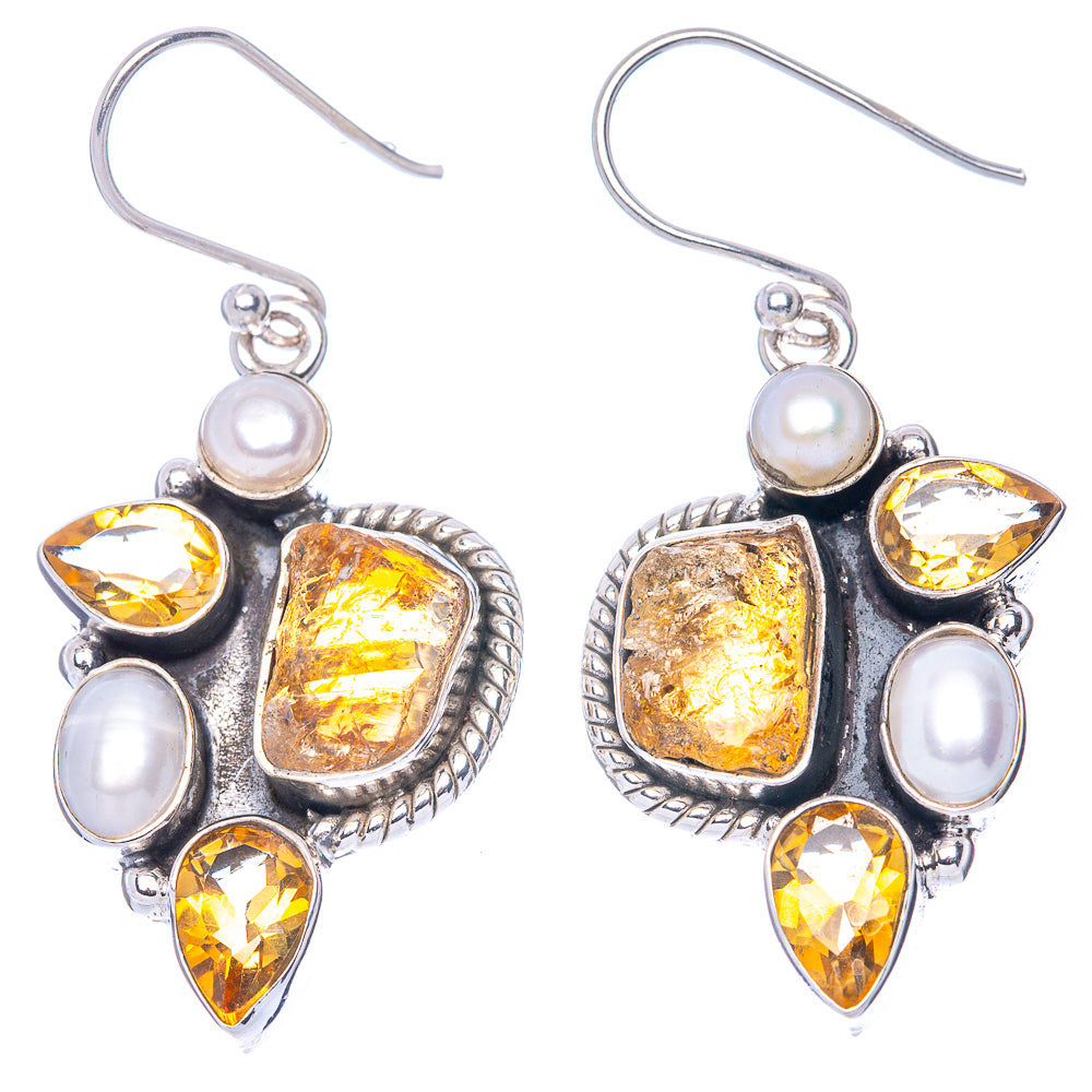 Premium Rough Citrine, Cultured Pearl 925 Sterling Silver Earrings 1 5/8" (925 Sterling Silver) E1230
