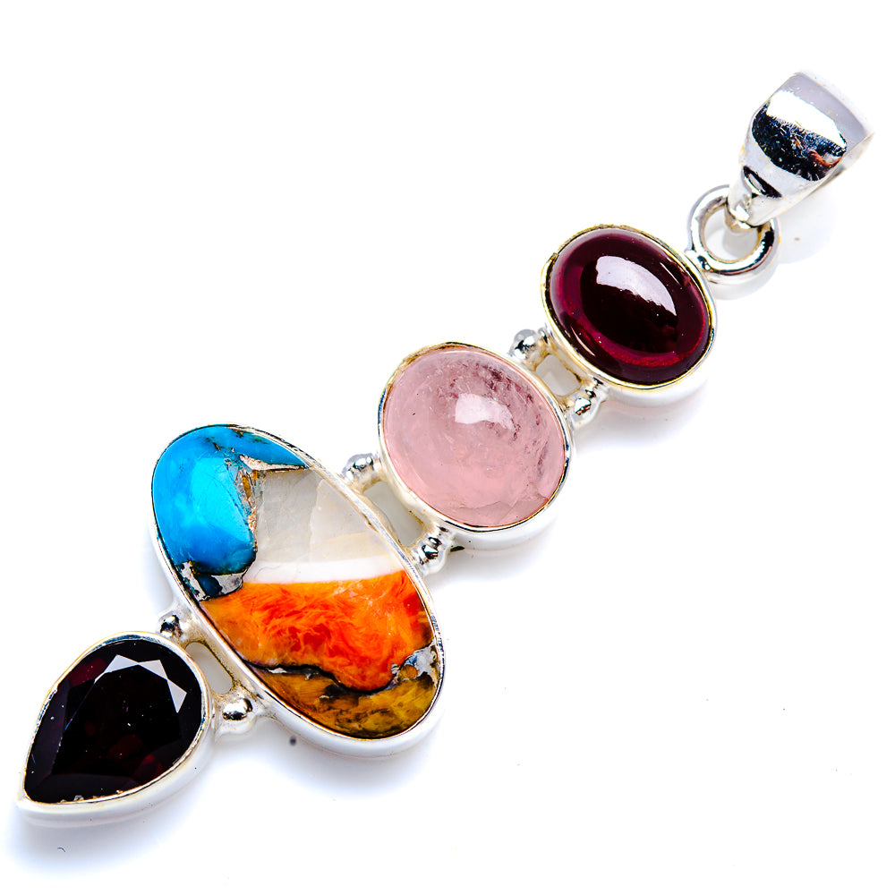 Spiny Oyster Turquoise, Garnet, Pink Moonstone 925 Sterling Silver Pendant 2" (925 Sterling Silver) PD38421