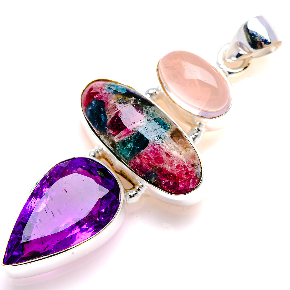 Natural Tourmaline, Amethyst, Rose Quartz Pendant 2" (925 Sterling Silver) PD38122