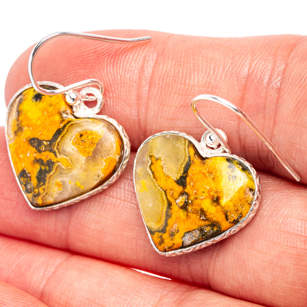 Bumblebee Jasper Heart Earrings 1 1/4" (.925 Sterling Silver)