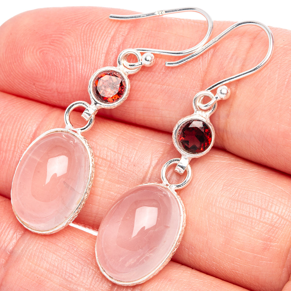 Rose Quartz, Garnet Earrings 1 5/8" (925 Sterling Silver) E433274