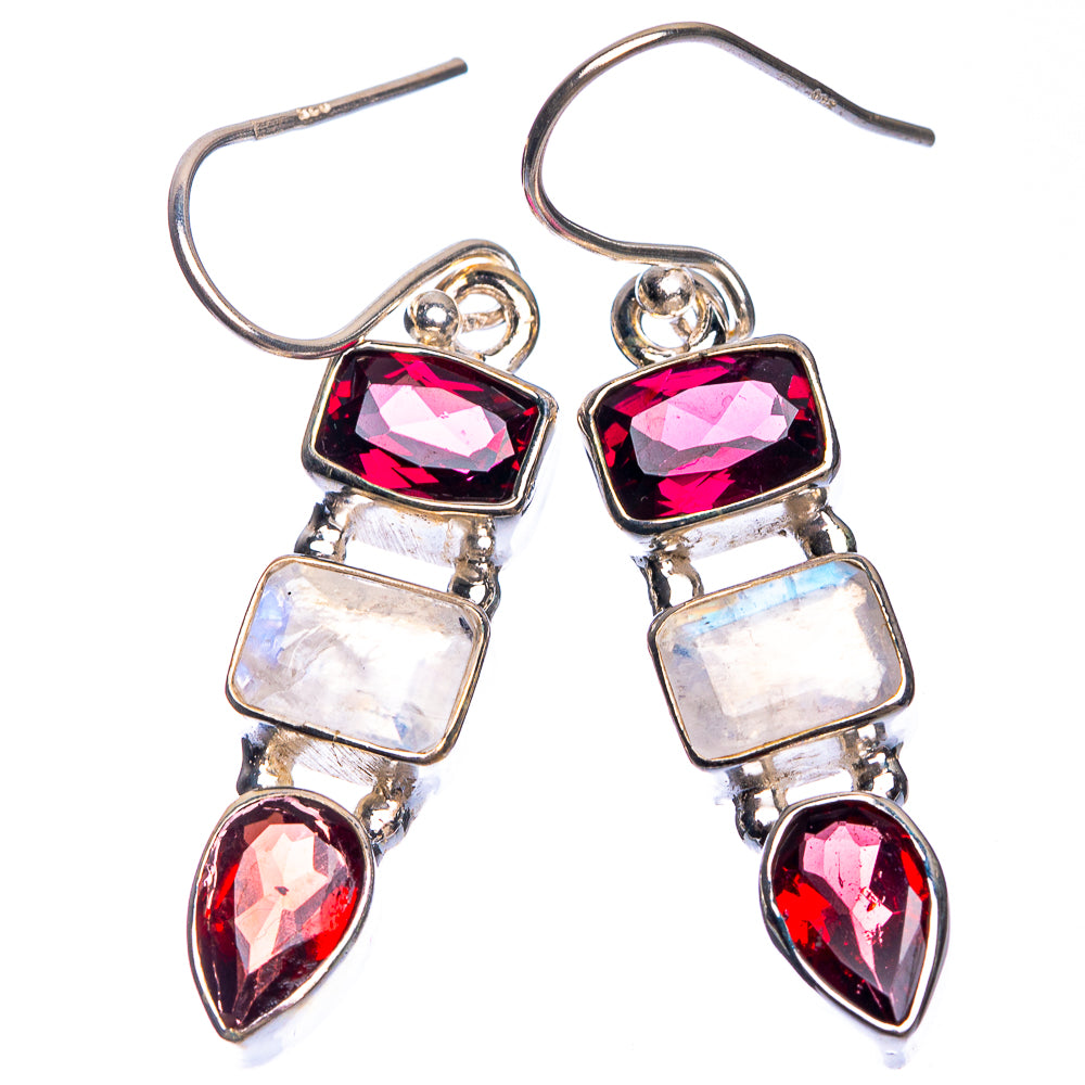 Rainbow Moonstone, Garnet Earrings 1 5/8" (925 Sterling Silver) E432671