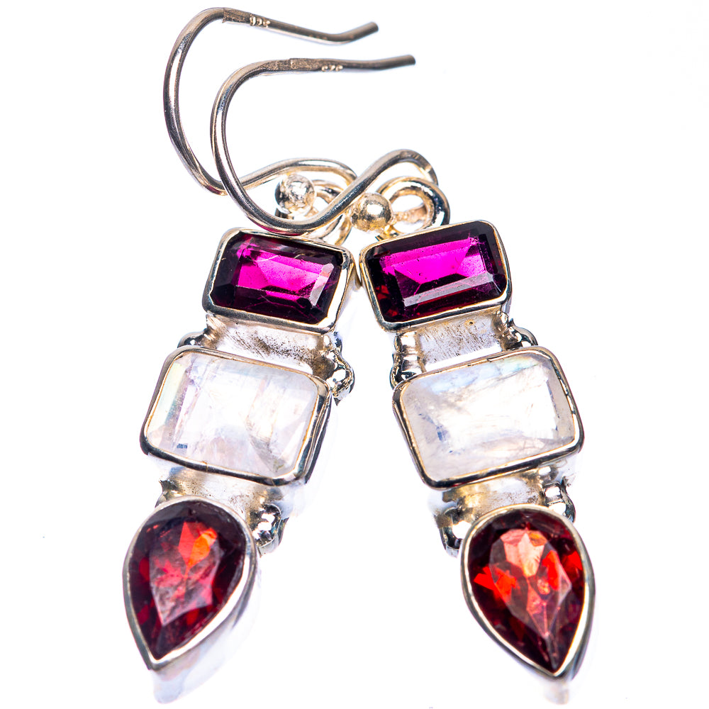 Rainbow Moonstone, Garnet Earrings 1 1/2" (925 Sterling Silver) E432716
