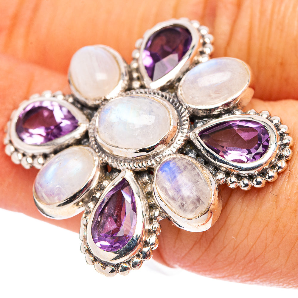 Rainbow Moonstone, Amethyst Flower Ring Size 7 (.925 Sterling Silver)