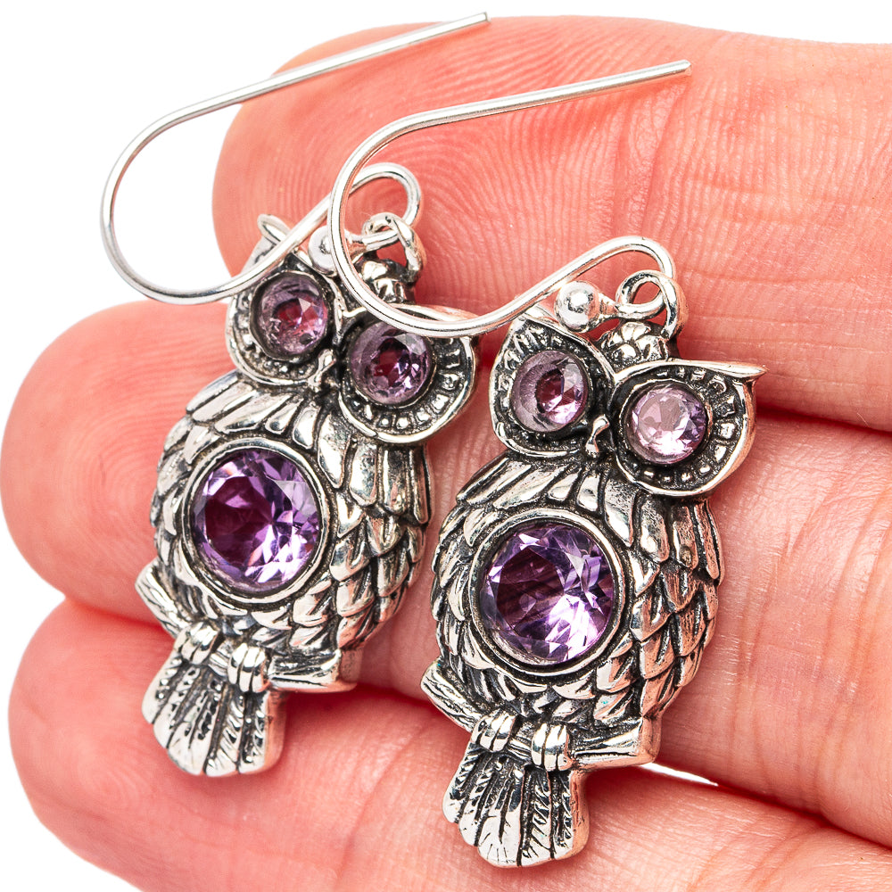 Amethyst Owl Earrings 1 5/8" (925 Sterling Silver) E2977