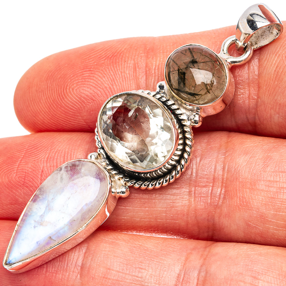 Premium Rainbow Moonstone, Green Amethyst, Prehnite Pendant 2 1/4" (.925 Sterling Silver)