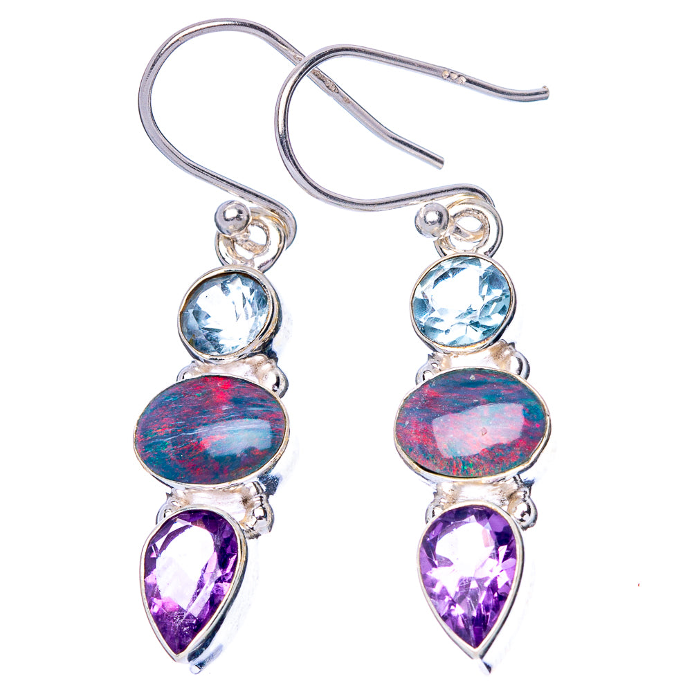 Rare Ethiopian Opal, Amethyst, Blue Topaz Earrings 1 1/2" (925 Sterling Silver) E1542