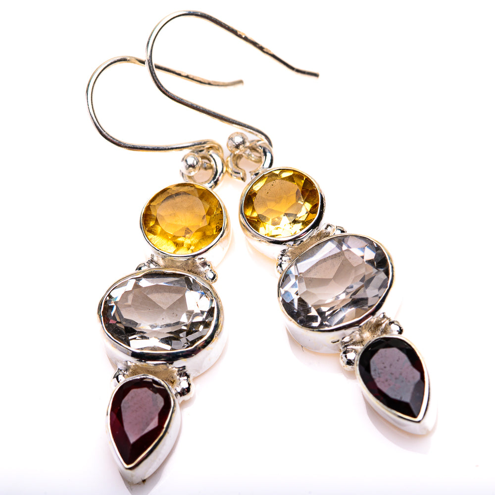 White Quartz, Citrine, Garnet Earrings 1 3/4" (925 Sterling Silver) EARR432182
