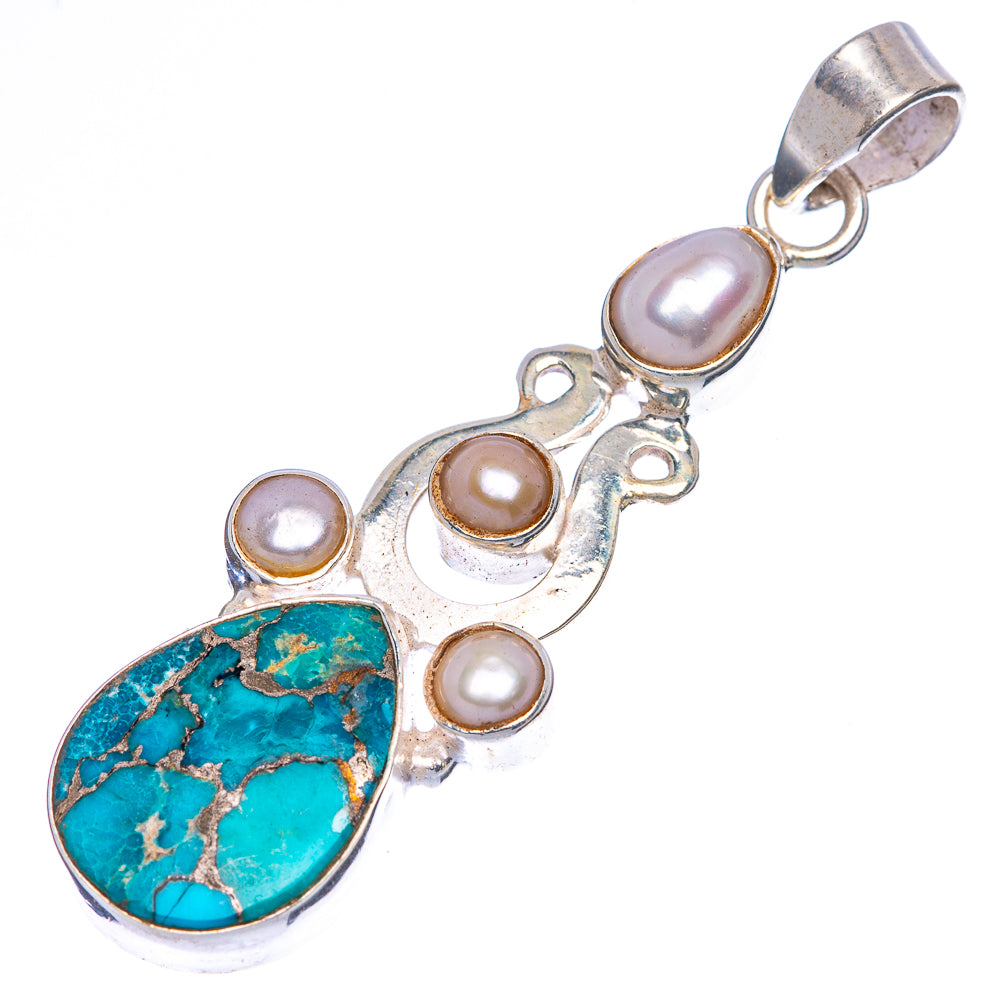 Blue Copper Composite Turquoise, Cultured Pearl Pendant 2 1/4" (925 Sterling Silver) P40026
