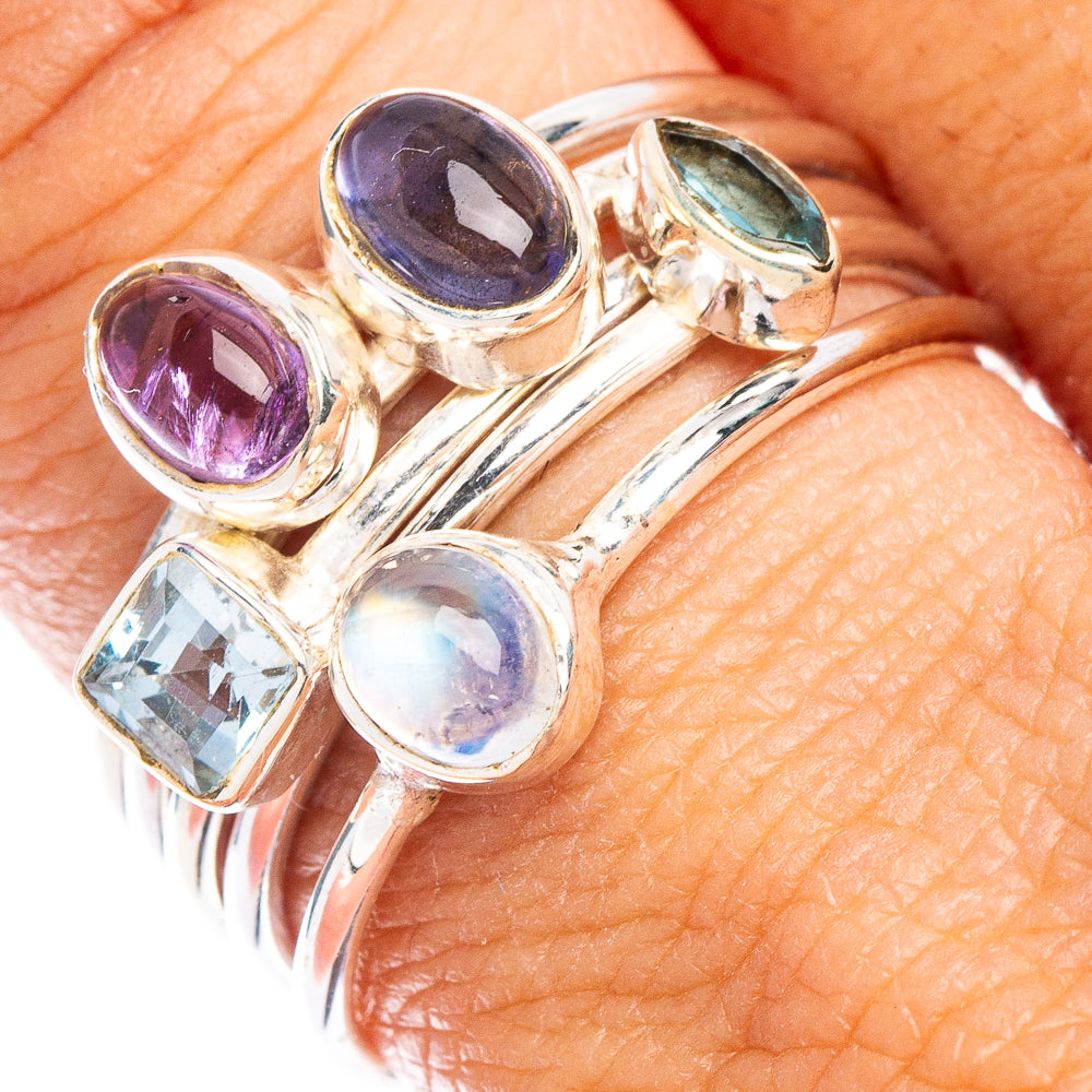 Rainbow Moonstone, Tanzanite, Amethyst, Blue Topaz, White Quartz Ring Size 8.5 (925 Sterling Silver) R7444