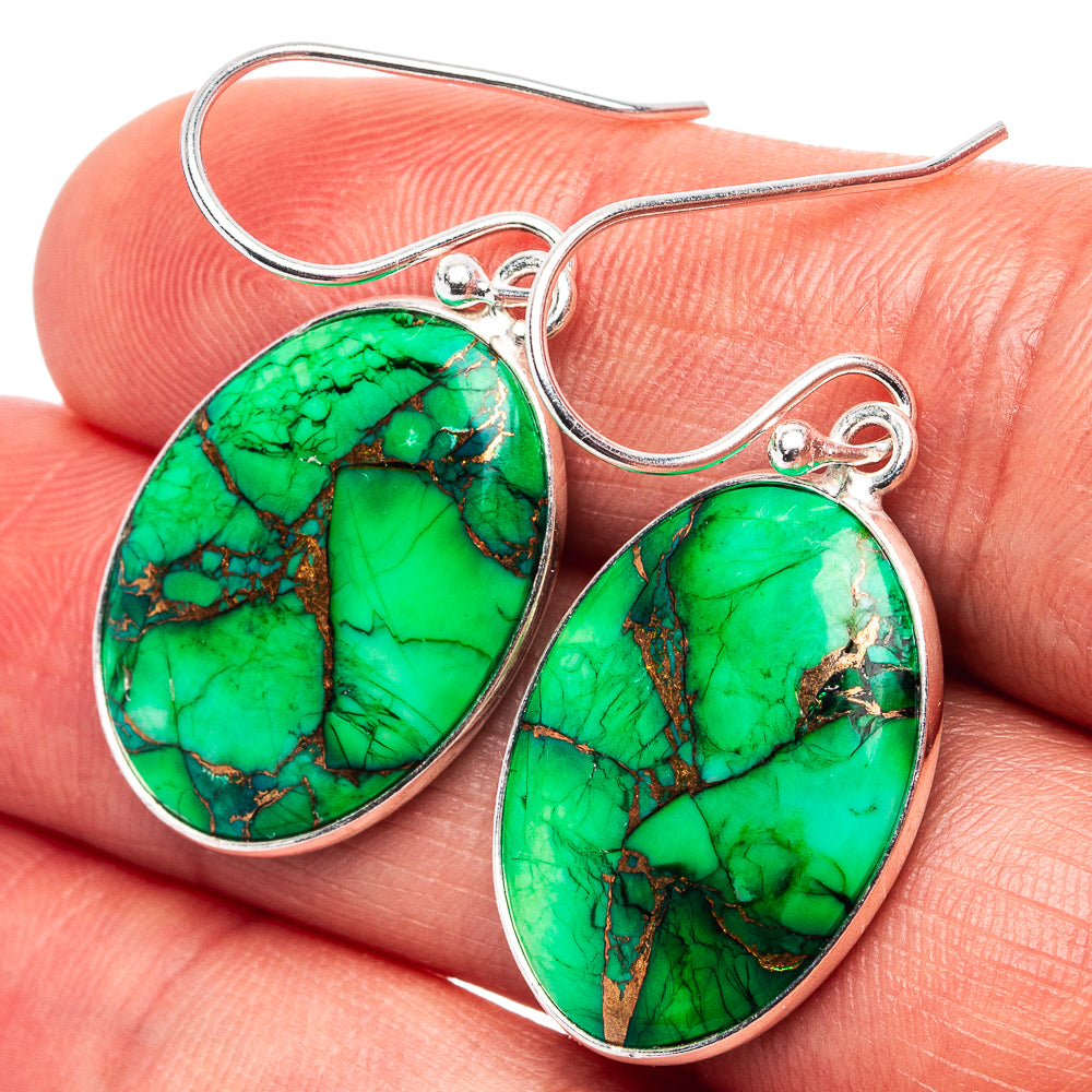 Green Copper Turquoise Earrings 1 1/2" (.925 Sterling Silver)
