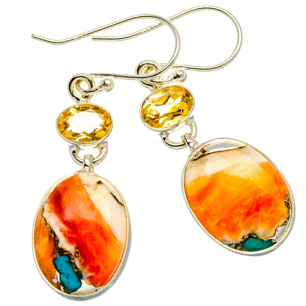 Spiny Oyster Turquoise, Citrine Earrings 1 3/4" (925 Sterling Silver) EARR432001
