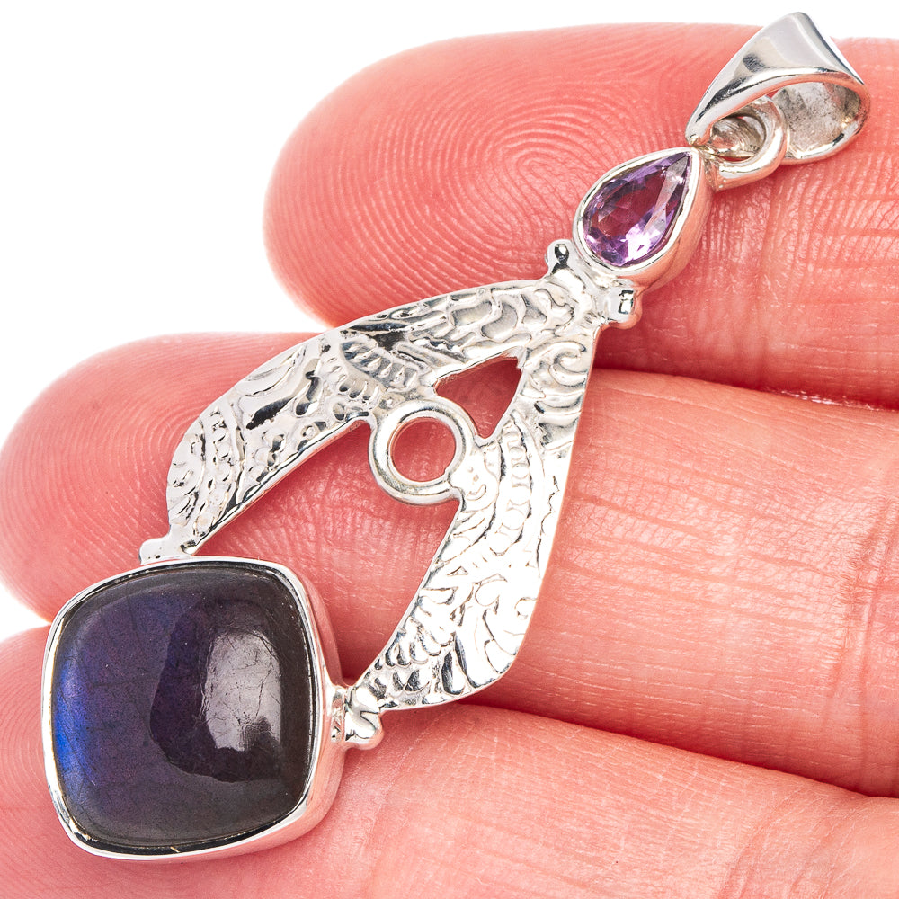 Premium Labradorite, Amethyst Pendant 1 7/8" (925 Sterling Silver) P41157