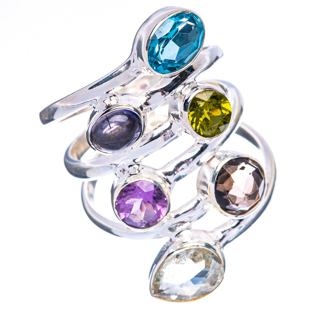 Blue Topaz, Tanzanite, Peridot, Amethyst, Smoky Quartz Silver Ring Size 8 R2489