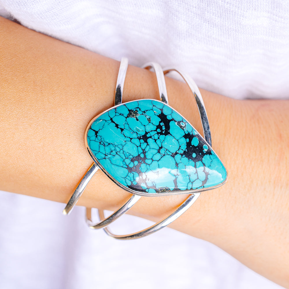 Tibetan Turquoise Cuff Bracelet Adjustable (.925 Sterling Silver)