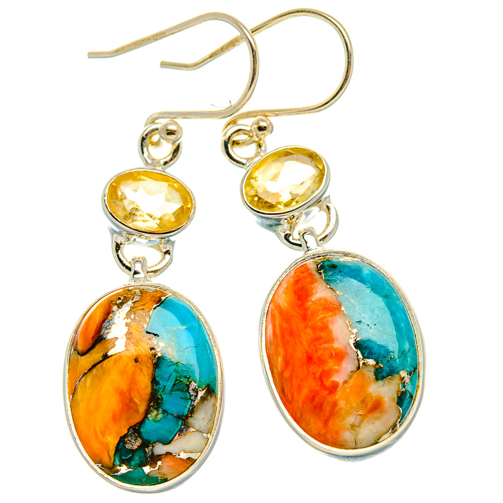 Spiny Oyster Turquoise, Citrine Earrings 1 5/8" (925 Sterling Silver) EARR432033