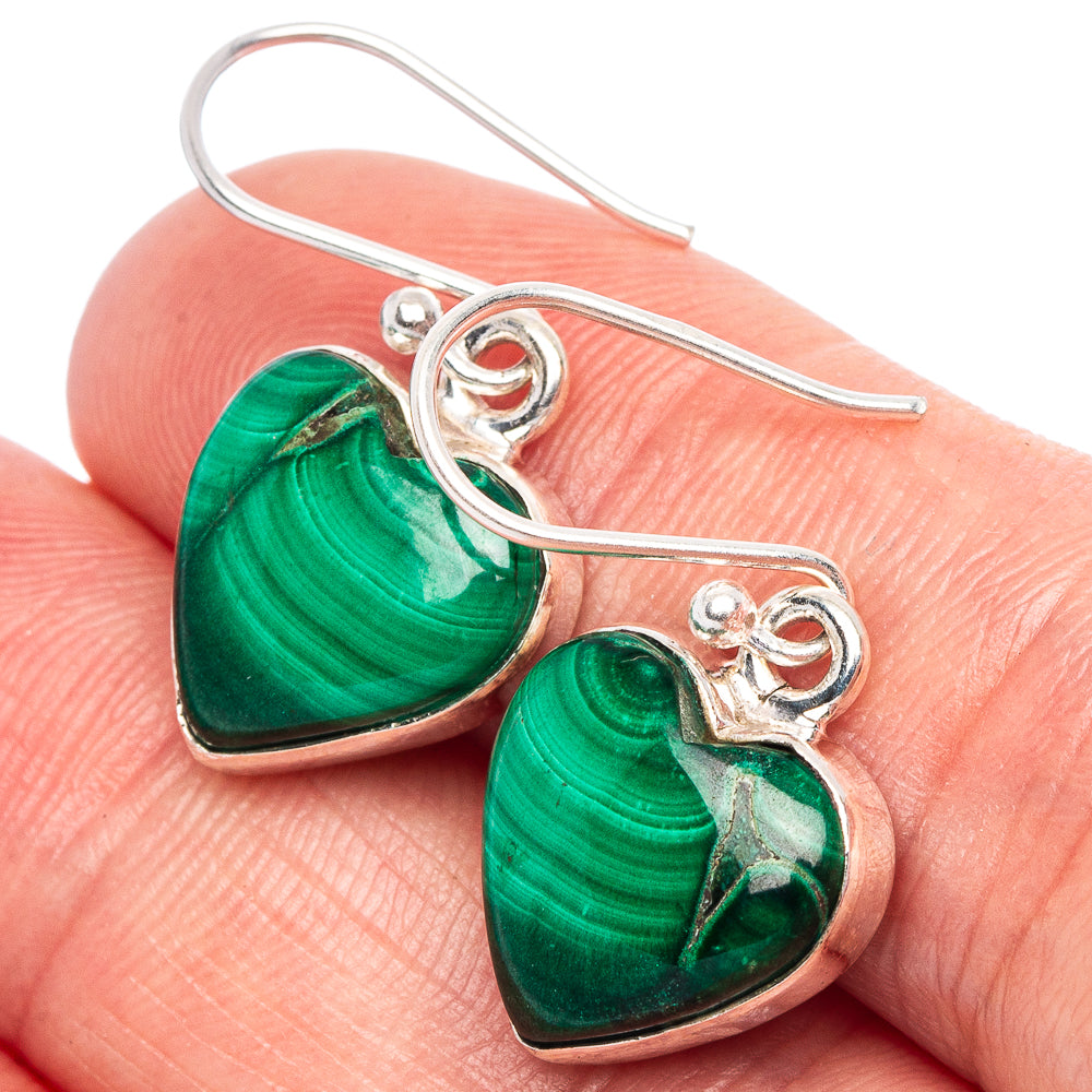 Malachite Heart Earrings 1 1/8" (925 Sterling Silver) E1846